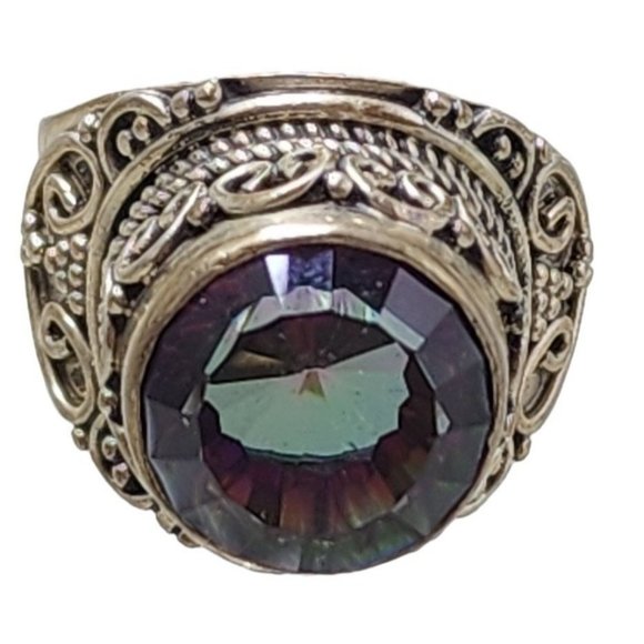 Vintage Sterling 925 Rainbow Glass Stone Ring Size 8.25 (A3024) - Picture 1 of 7